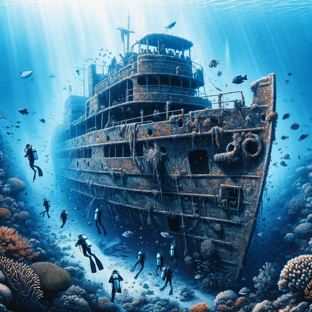 USAT Liberty shipwreck in Bali. The image features the submerged remnants of the USAT Liberty, a Un