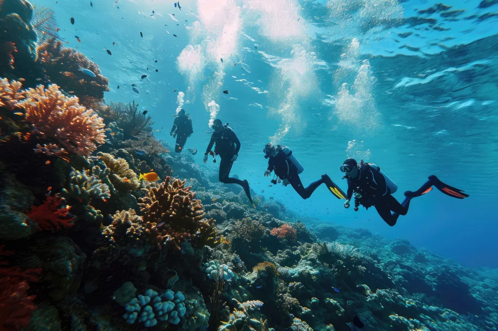 A Group of divers scuba diving together