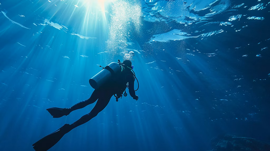 Back view of a man diving underwater with scuba gear in Bali.