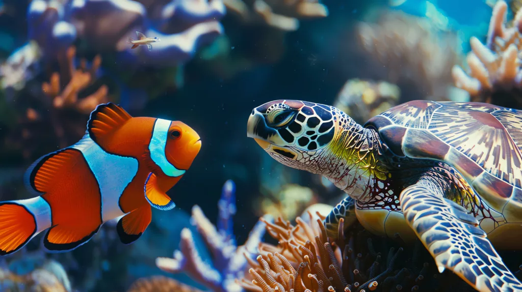 A beautiful sea turtle and a clownfish swim together in a coral reef scuba diving