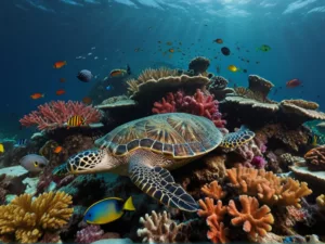 coral reef with variety fish corals and turtles - Bali scuba diving