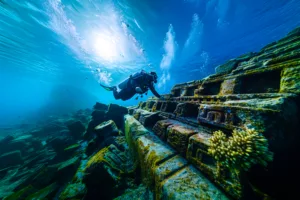 diver sea surrounded by archeological building ruins - Boga Wreck