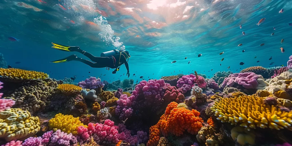 scuba divers surrounded by a beautiful and colorful coral