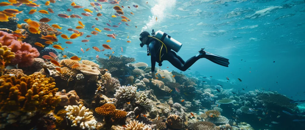 scuba diver sea water with marine life - Bali Dive Resort