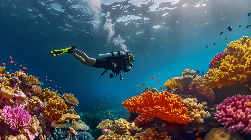 scuba diver surrounded by beautiful coral 