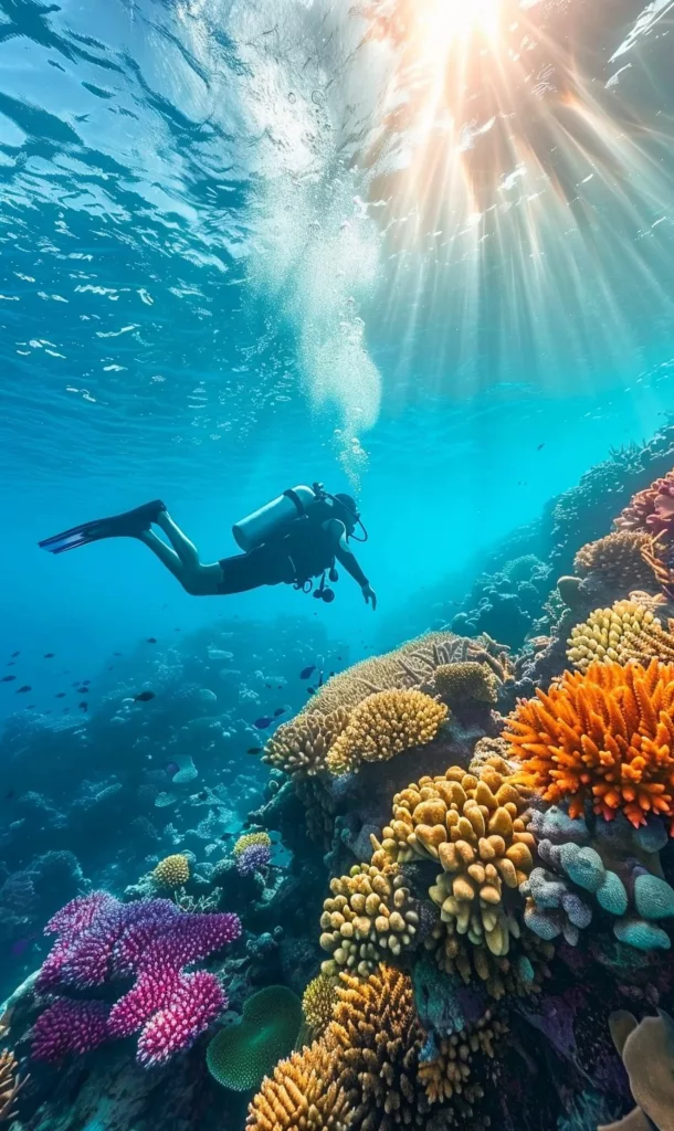 a diver surrounded beautiful coral - Bali Diving