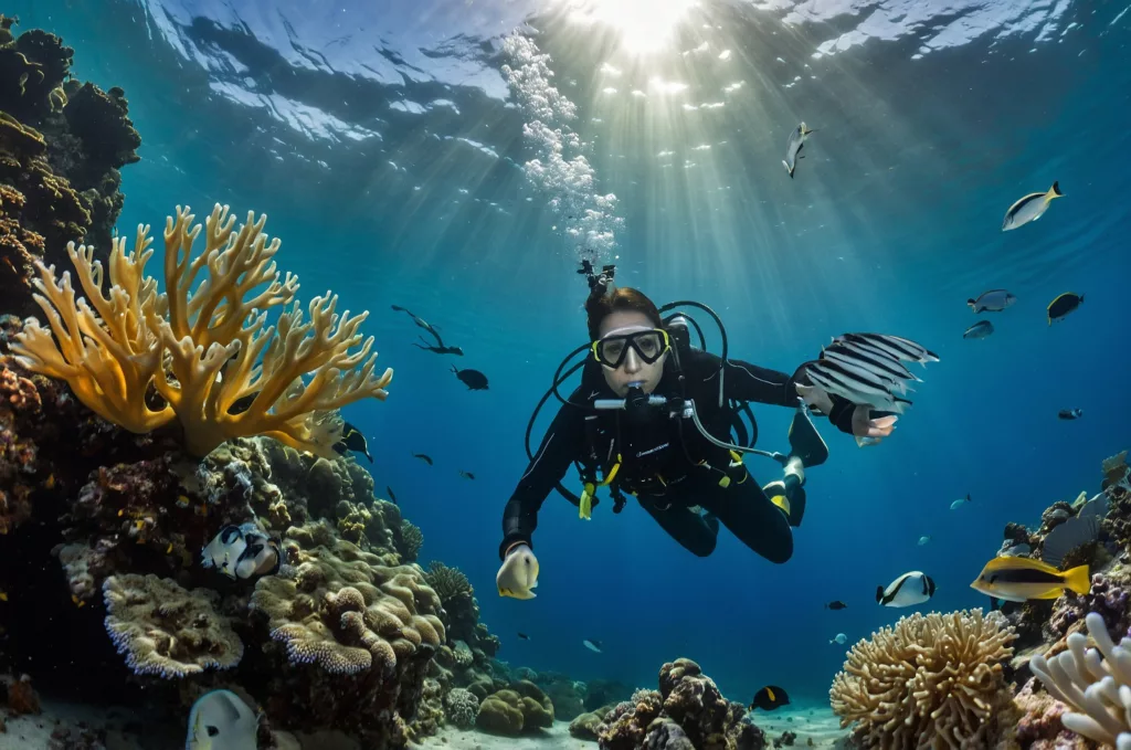 a scuba diver with coral reefs as a background - Boga Wreck