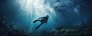 Diving lesson in open water. Scuba diver before diving into ocean - Bali dive resort