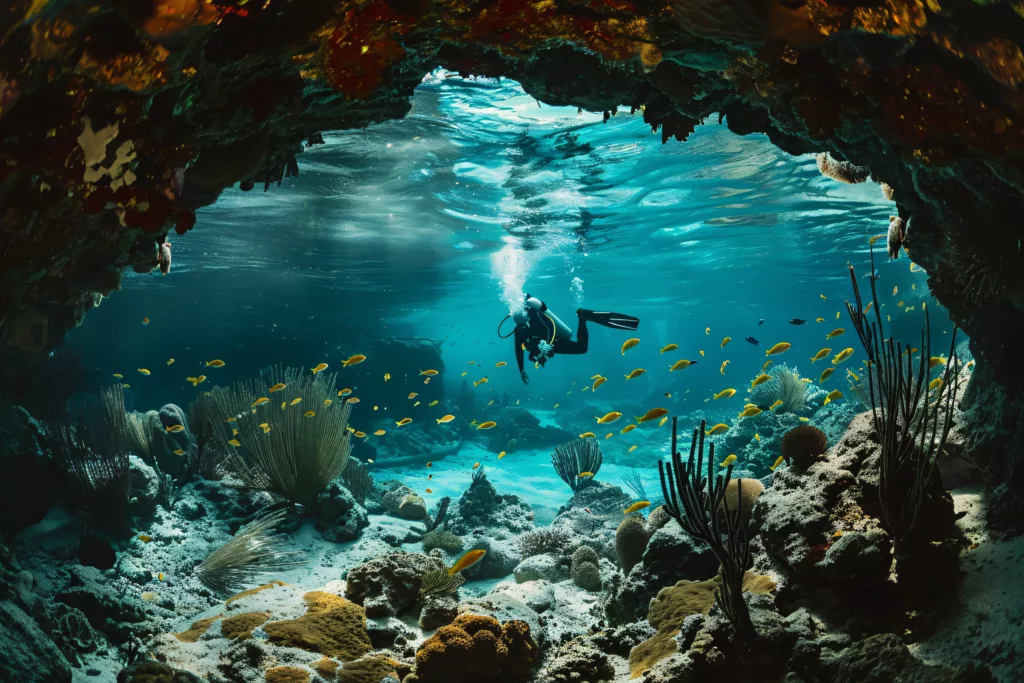 Man diver under water with coral and many fish - dive sites