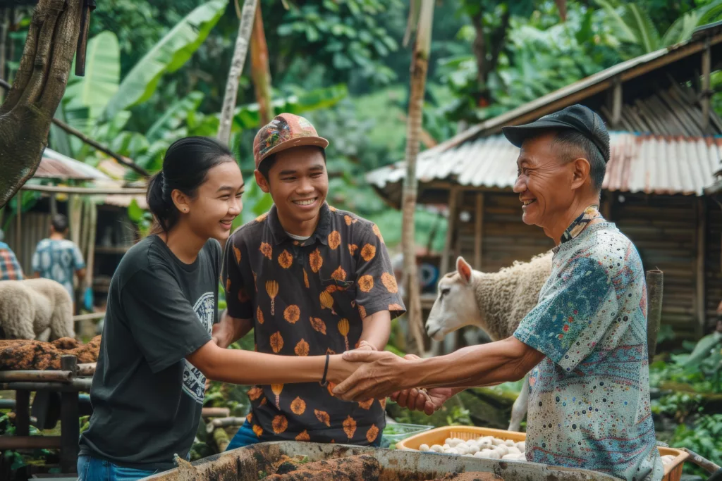 Muslim couple giving money to buy livestock goats for sacrifices during Eid Al Adha with handshake gestures.