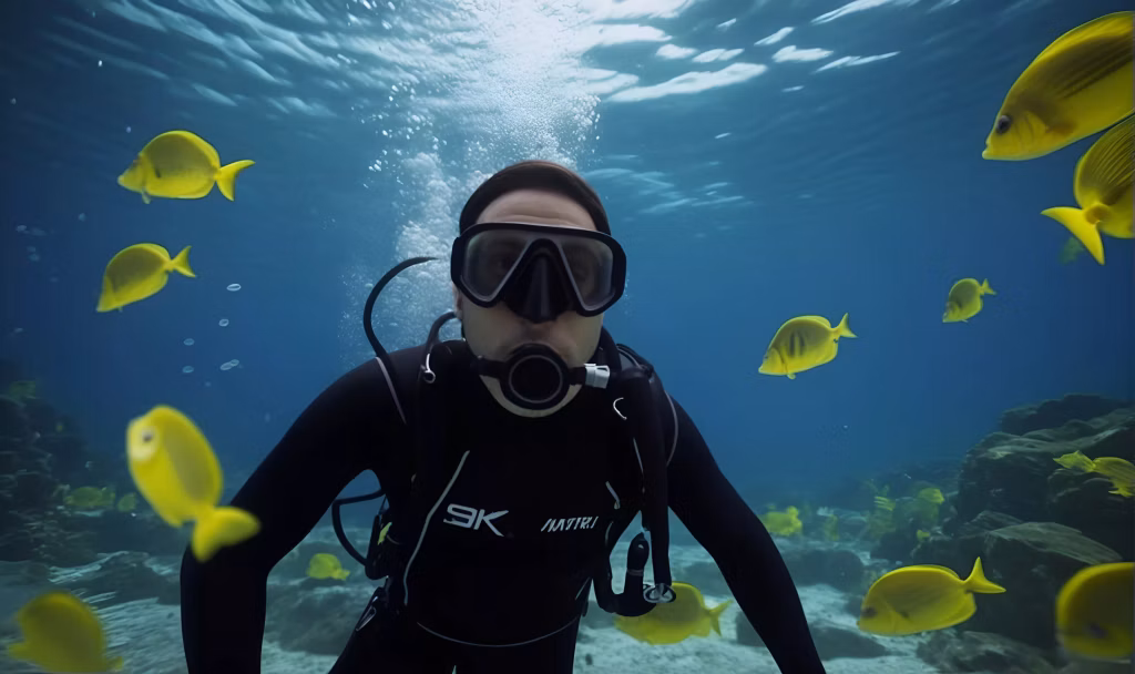 a person in a wetsuit at the bottom of the sea, in the habitat of local flora and fauna