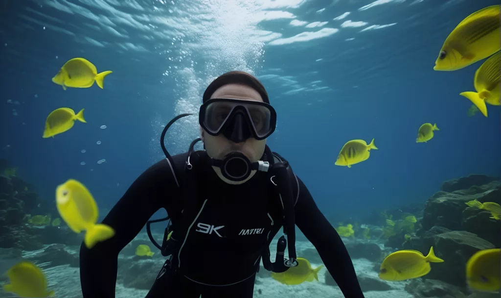 a person in a wetsuit at the bottom of the sea, in the habitat of local flora and fauna