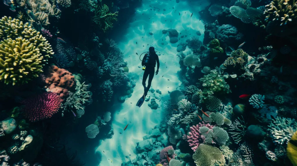 diving alone in the clear sea water 