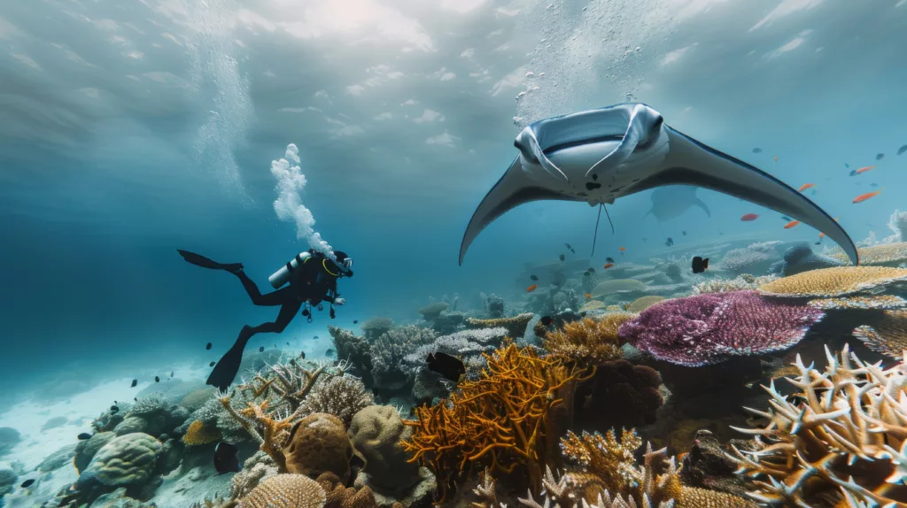 scuba diver sea water with mantas - Bali Dive Resort