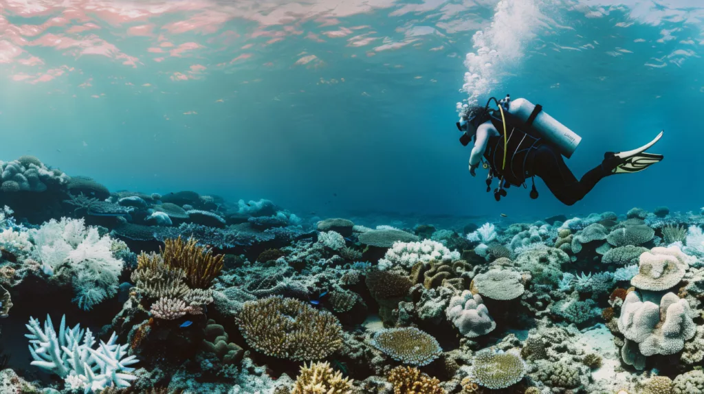 a scuba diver diving alone in the ocean with coral reefs - Bali Diving