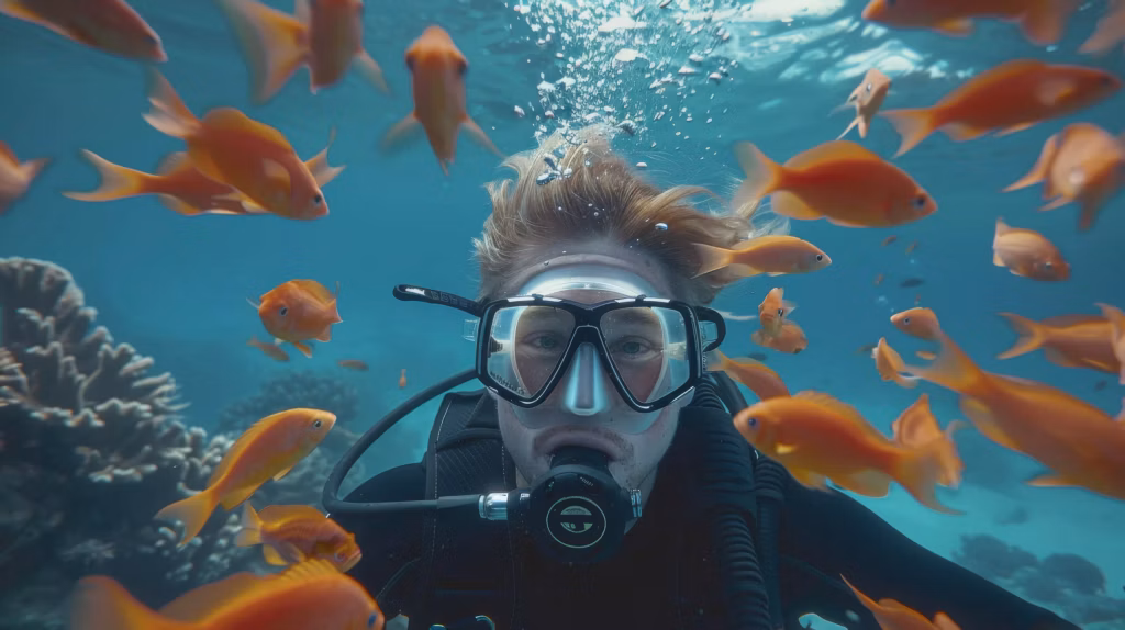 Scuba divers with many small fishes - Diving in Bali