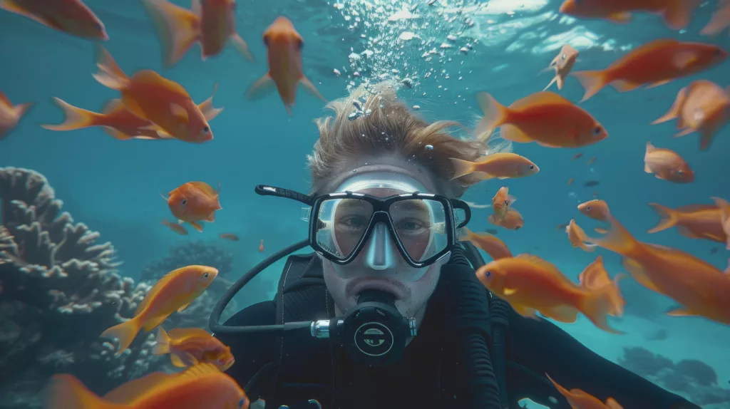 Scuba divers with many small fishes - Diving in Bali