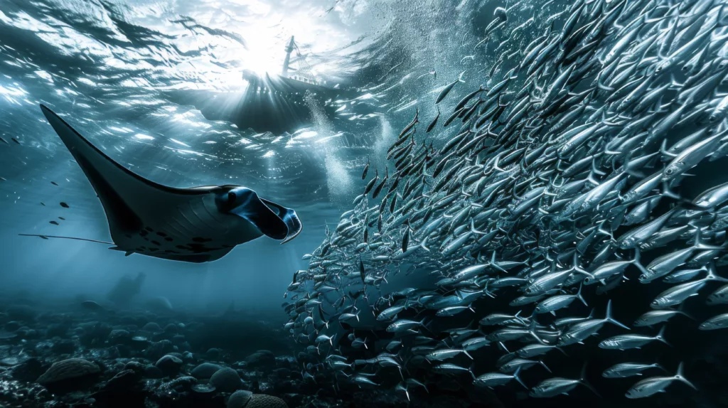 manta ray with schooling fish - Bali Dive Resort