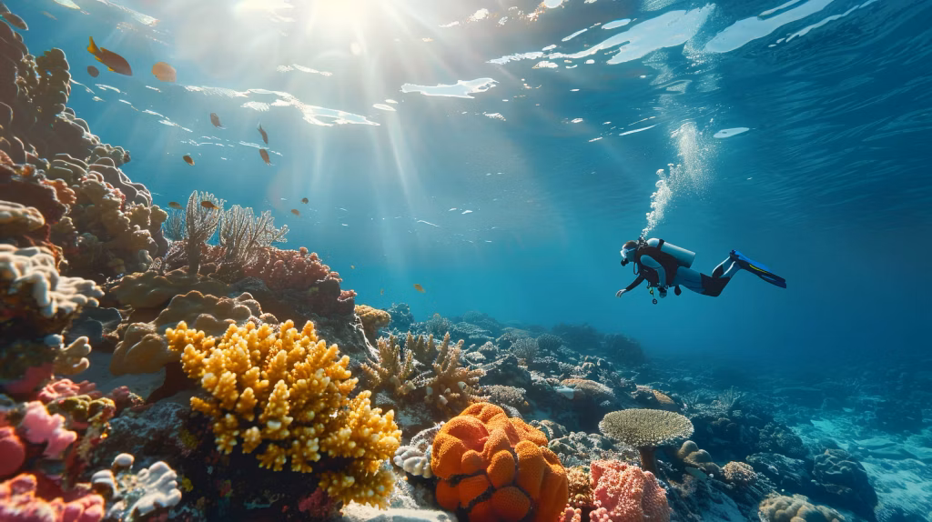 Scuba diver surrounded by vibrant coral reefs in Bali.