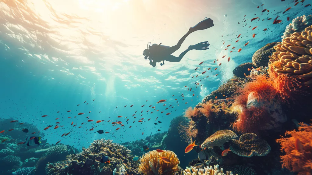 scuba diver surrounded by beautiful underwater nature