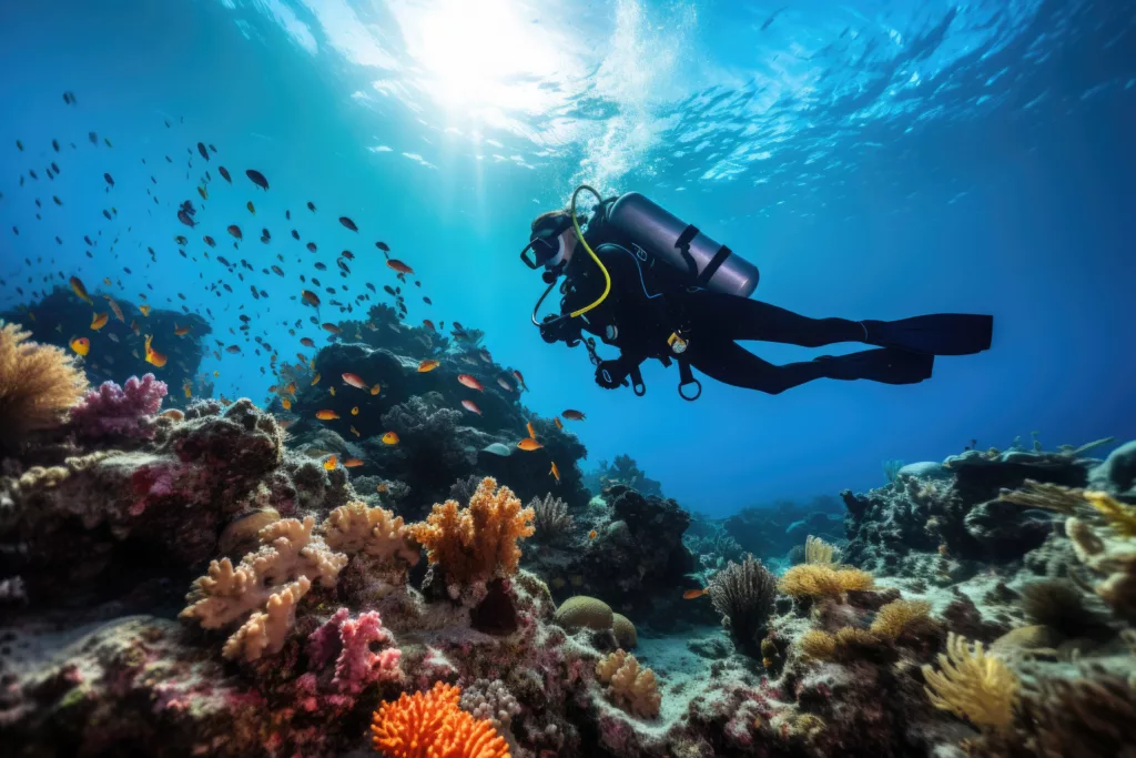 The diver swims deep underwater among coral reefs and beautiful fish - Bali Dive Resort