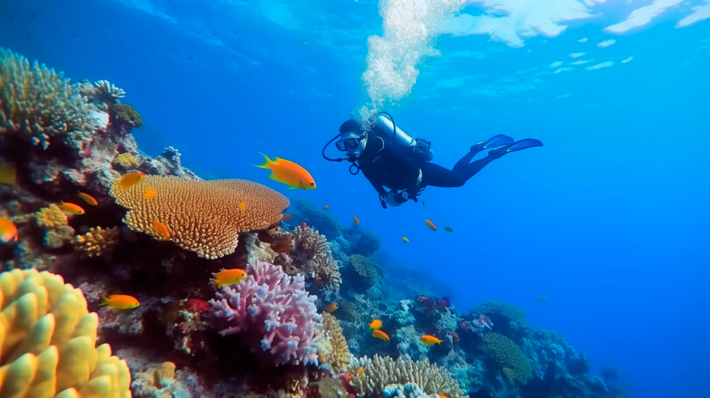 Scuba diving in tropical coral reef waters of Bali