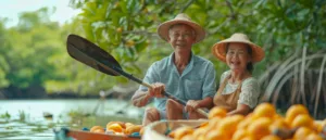 During summer vacation, an Asian couple kayaks together in a lake at a mangrove forest. Outgoing, retired elderly couple enjoys nature and a boat ride in the river - Bali Dive Resort
