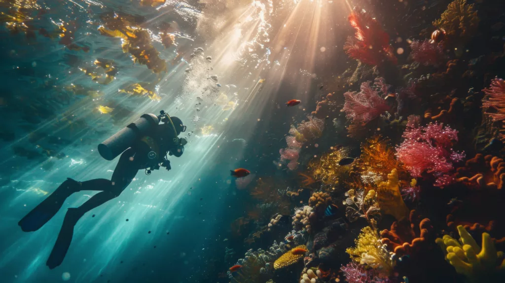 a scuba diver with coral reefs as a background - Boga Wreck