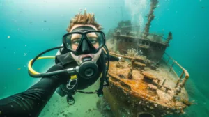underwater wreck scuba-diver exploring sea world - Boga Wreck
