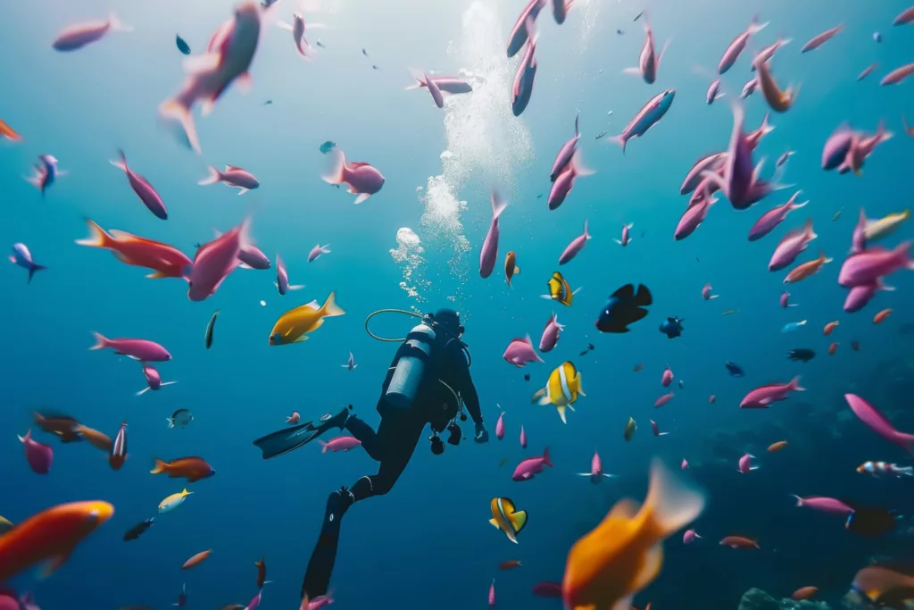 scuba diving with many fish