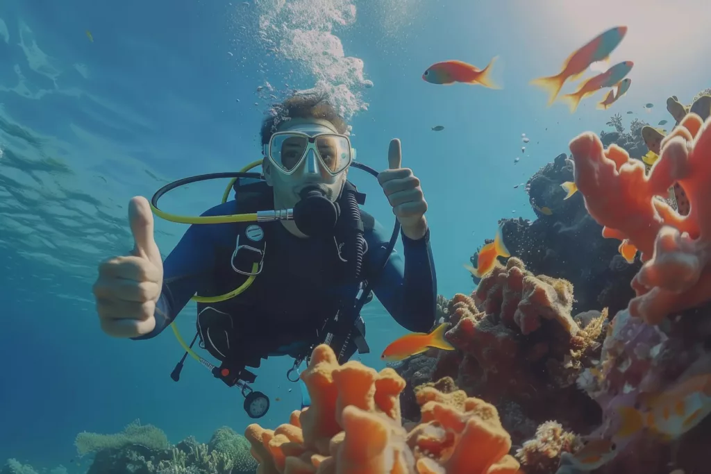 diving in the clear water with many fishes dive sites - diving in bali