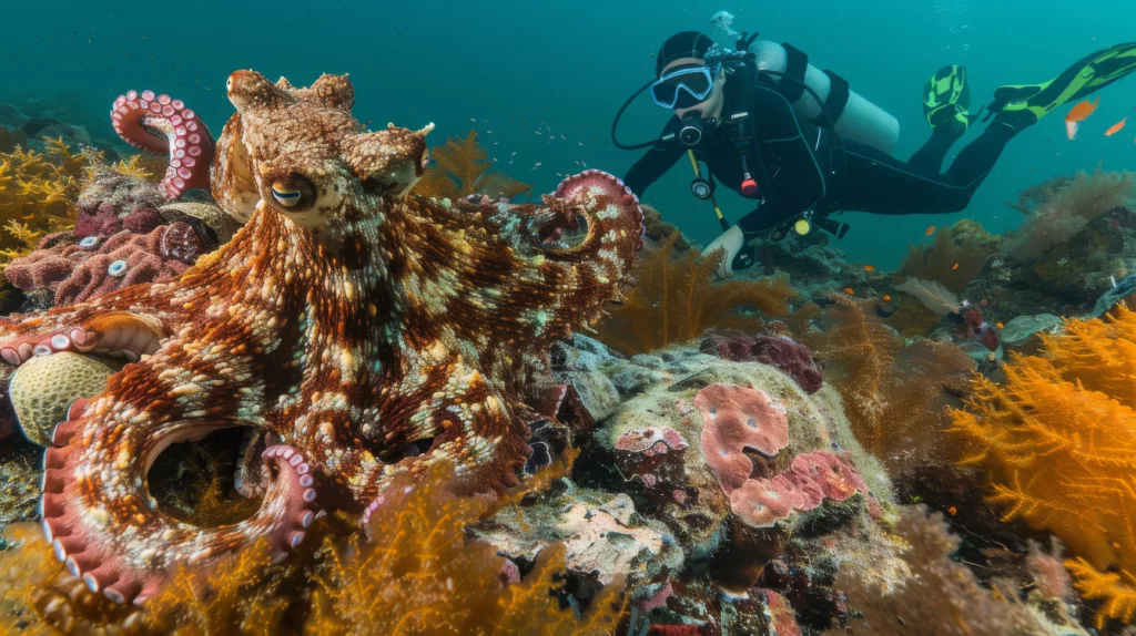 Scuba diving in the beautiful underwater with octopus