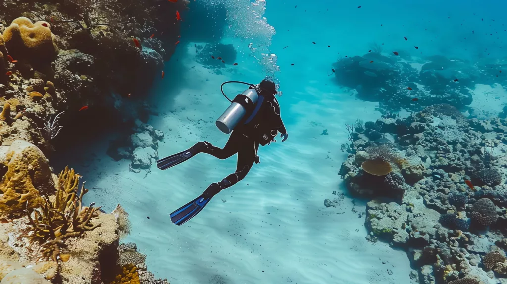 Underwater view of a scuba diving exploring a coral reef. The diver is wearing a wetsuit and fins, and is surrounded by colorful fish and coral - Bali Dive Resort - Bali Diving Courses