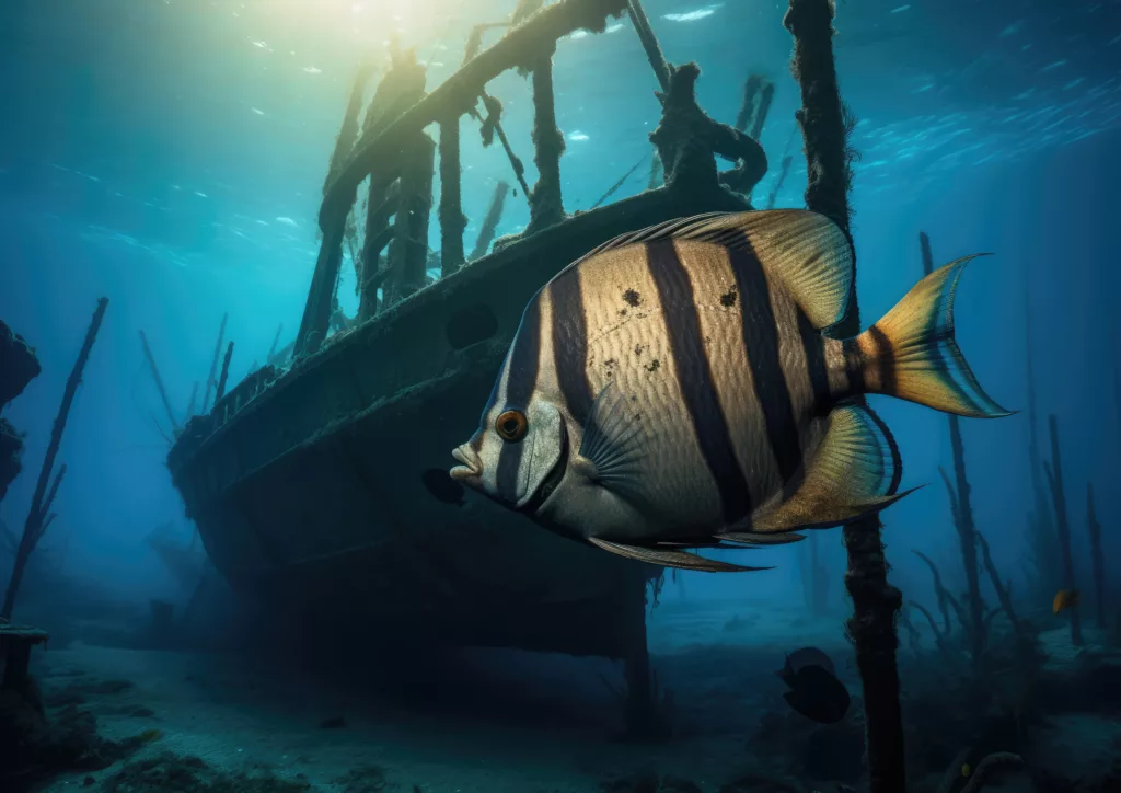 A scuba diver explores a sunken shipwreck at the Boga Wreck