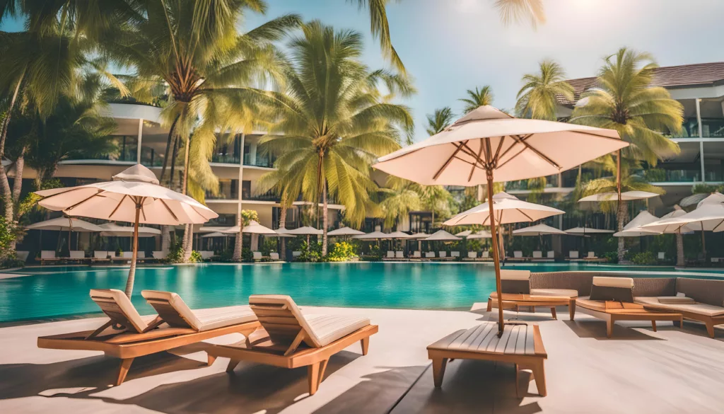 Umbrellas and chairs around outdoor swimming pool in resort hotel for vacation leisure lifestyle - Bali Dive Resort