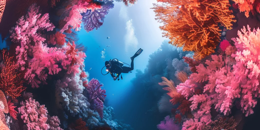 scuba diver dive alone in the beautiful soft and hard coral reefs - Diving in Bali