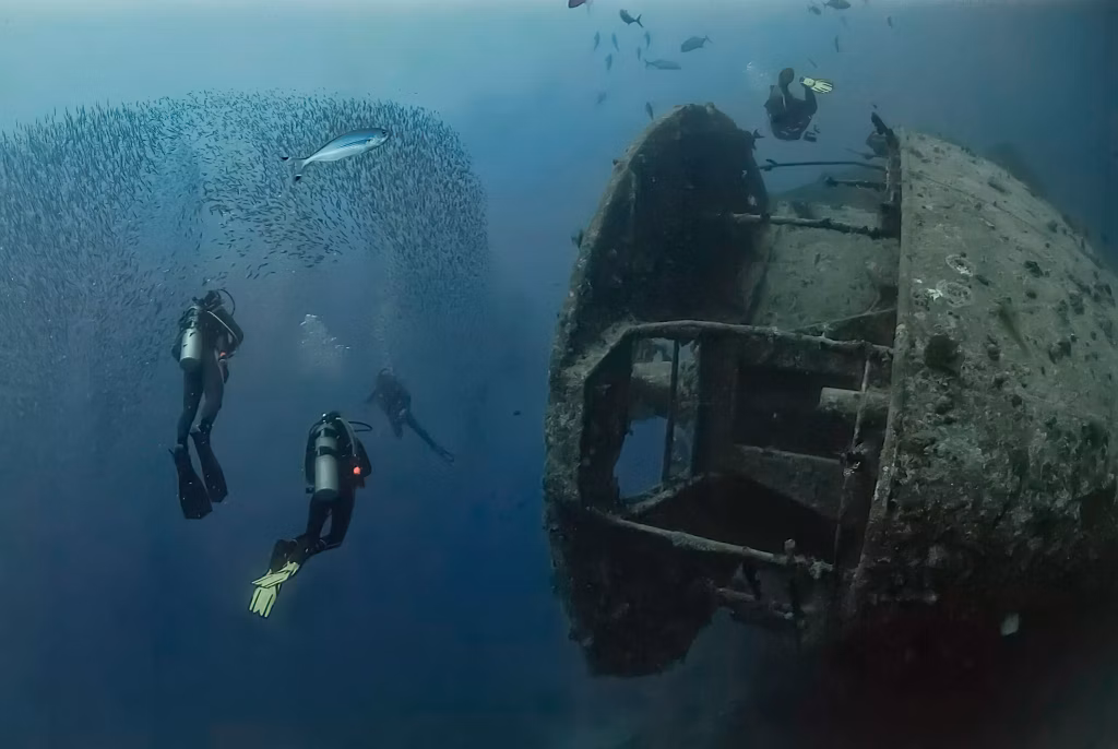 Divers swim alongside the legendary SS Thistlegorm, a World War II shipwreck in the Red Sea, teeming with marine life and historical intrigue - Boga Wreck