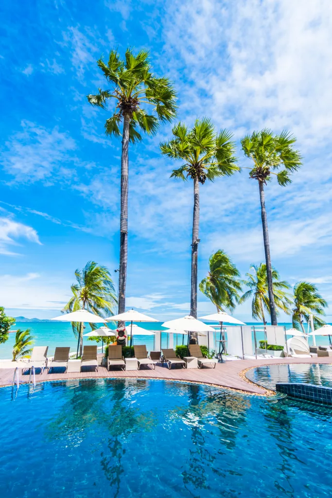 Umbrella and chair around beautiful luxury outdoor swimming pool in hotel resort with coconut palm tree on blue sky - Bali Dive Resort