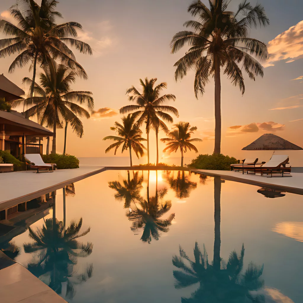 pool with palm trees sunset background