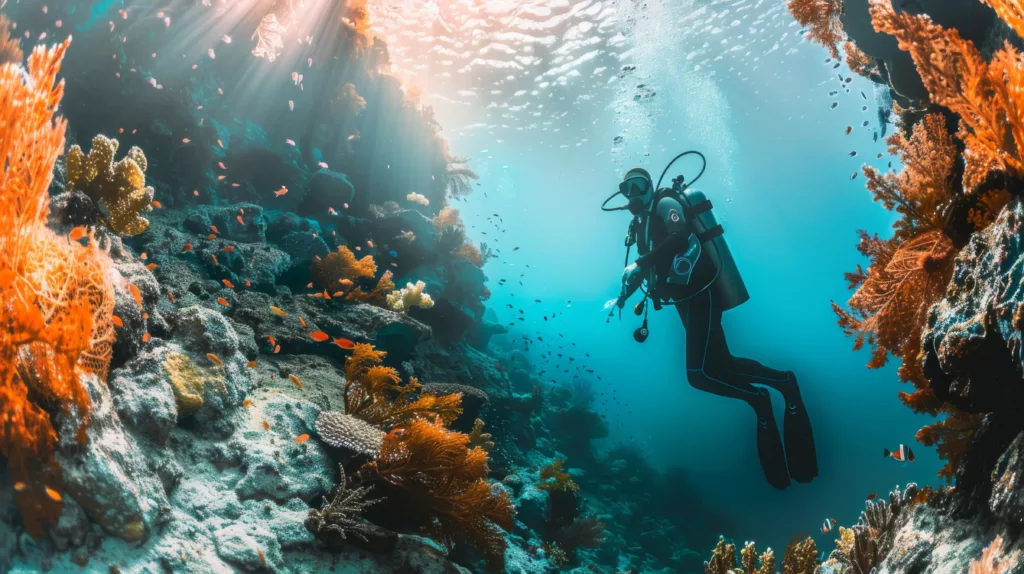 scuba diving alone in the clear visibility - bali dive resort