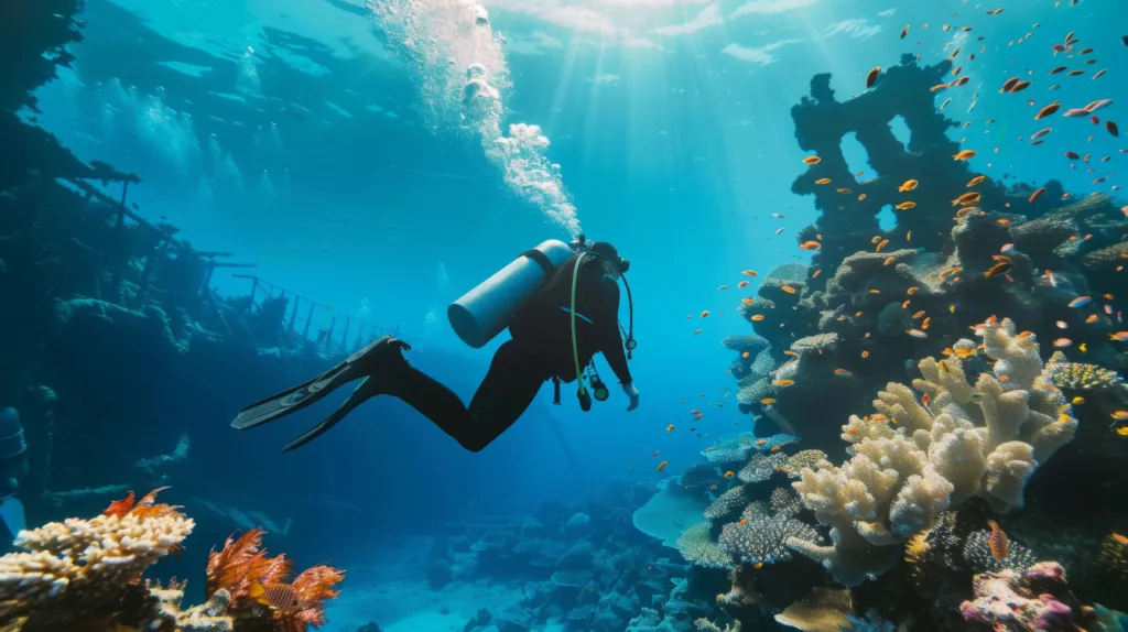 scuba diving alone with clear visibility and nice coral - Bali dive resort