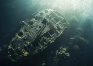 A scuba diver explores a sunken shipwreck at the Boga Wreck