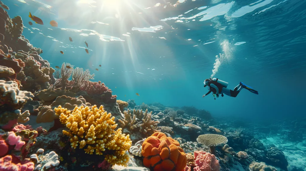 scuba diver dive alone in the clear water and visibility - Diving in Bali