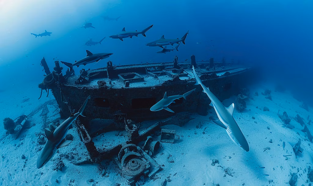 Ship wreck with sharks at Boga Wreck, Bali underwater scene.