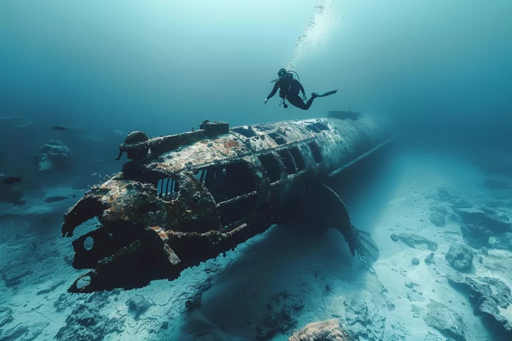 Underwater world. Deep blue sea. Scuba diver exploring a shipwreck. Marine life - Boga Wreck