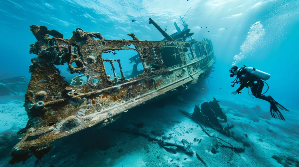 Underwater world. Deep blue ocean. Scuba diver near a shipwreck. Marine life - Boga Wreck