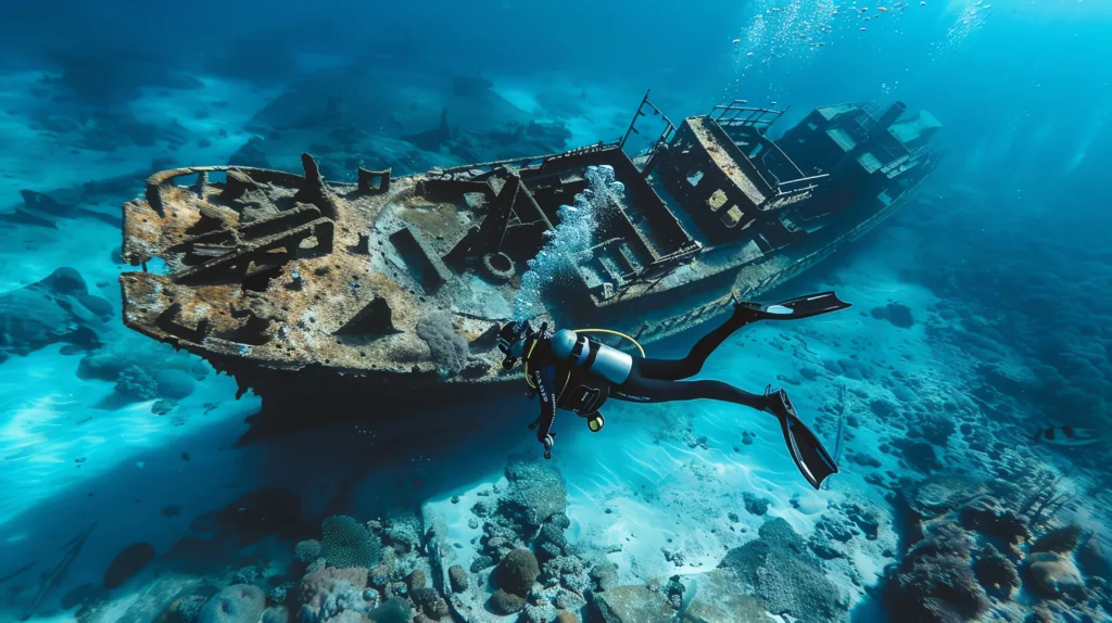 Underwater world. Deep blue sea. Scuba diver exploring a shipwreck. Marine life - Boga Wreck