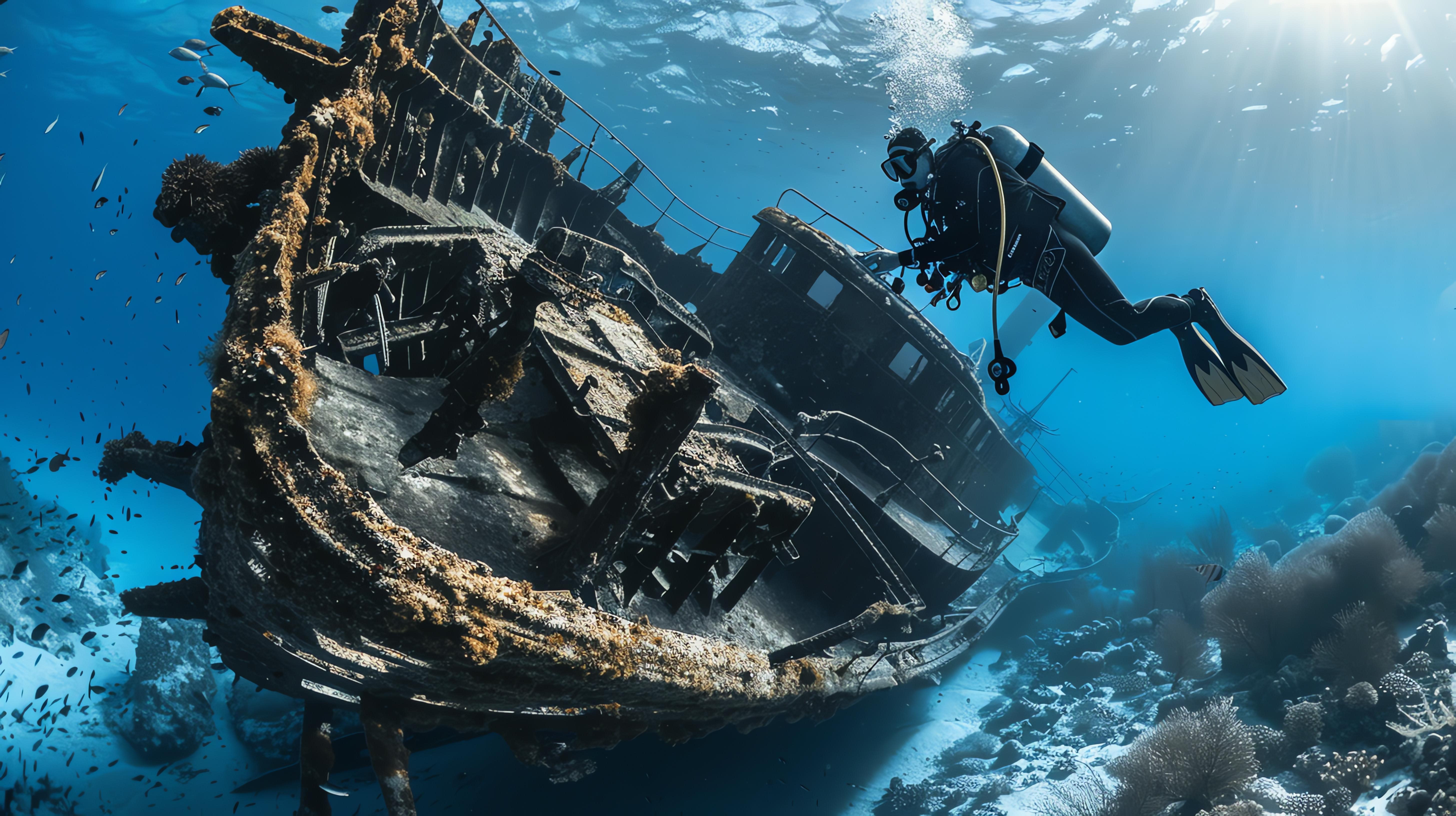 Underwater world. Scuba diver exploring a shipwreck - Bali dive resort