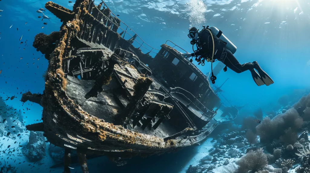 Underwater world. Scuba diver exploring a shipwreck - Boga Wreck