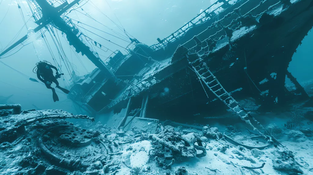 Underwater world. A scuba diver swims near a shipwreck - magic dive sites - Boga Wreck